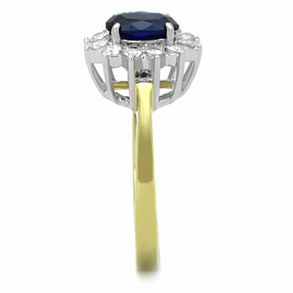 Stainless Steel Gold Blue Sapphire Oval CZ Halo Ring view 4