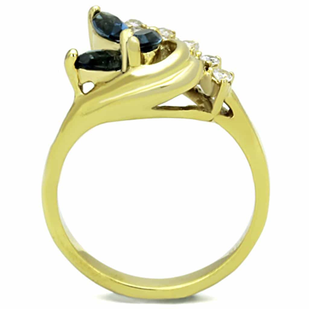 Stainless Steel Gold Blue Sapphire Marquise Swirl Cluster Ring view 7