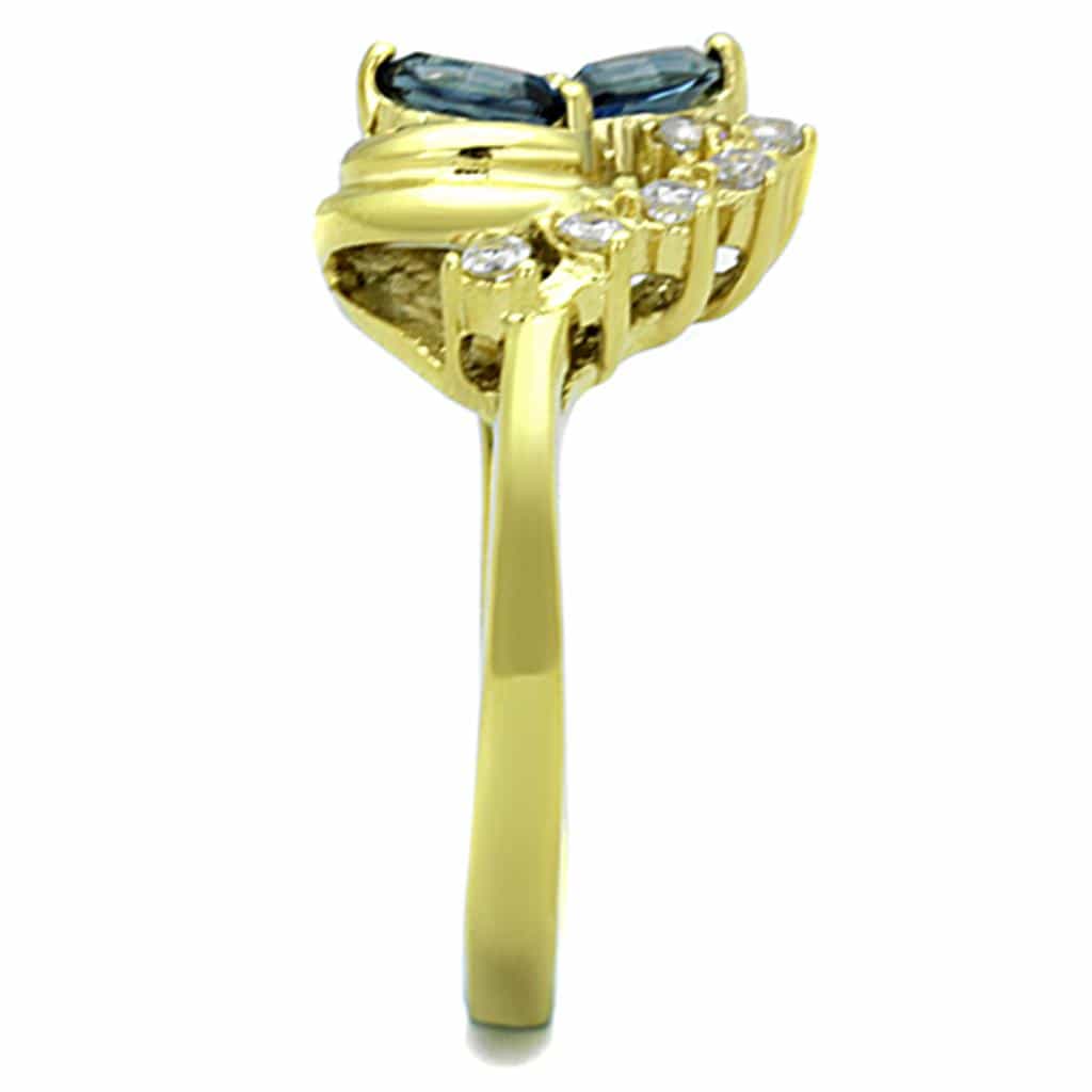 Stainless Steel Gold Blue Sapphire Marquise Swirl Cluster Ring view 8