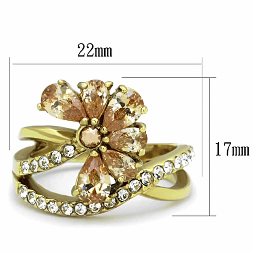 Stainless Steel Champagne CZ Flower Bypass Ring view 2
