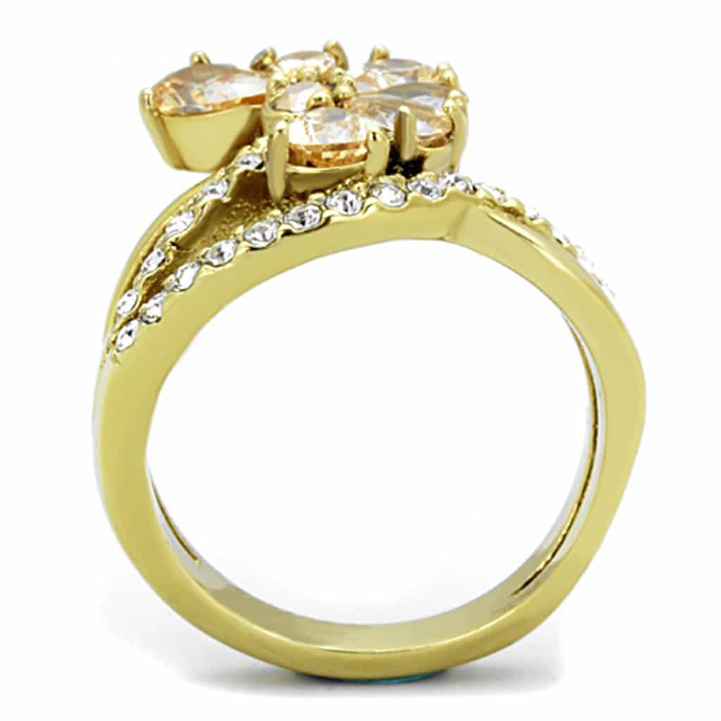 Stainless Steel Champagne CZ Flower Bypass Ring view 3