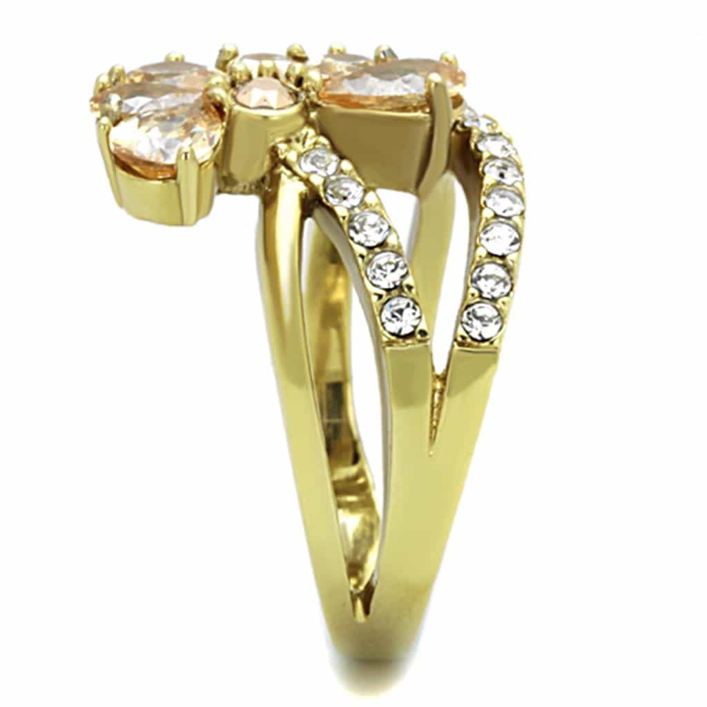 Stainless Steel Champagne CZ Flower Bypass Ring view 8