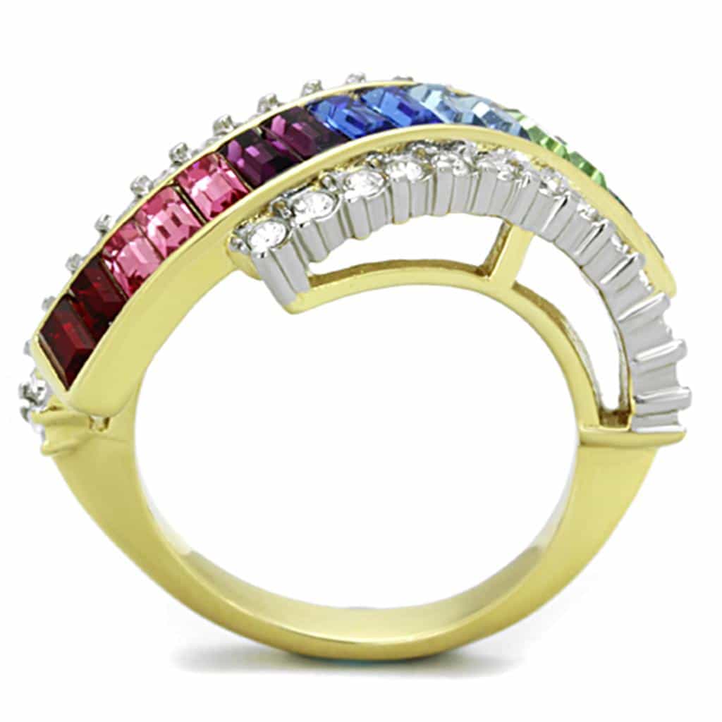 Stainless Steel Gold Rainbow Baguette CZ Border Curved Ring view 7