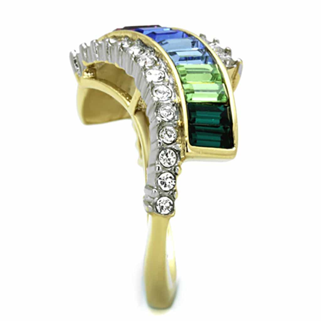 Stainless Steel Gold Rainbow Baguette CZ Border Curved Ring view 8