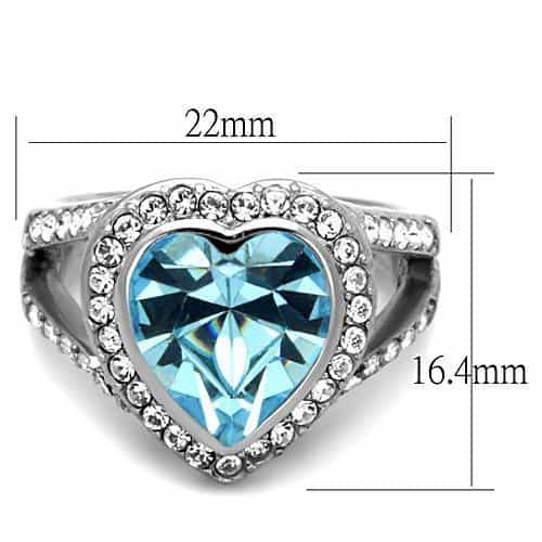 Stainless Steel Blue Topaz Heart Crystal CZ Halo Ring view 2