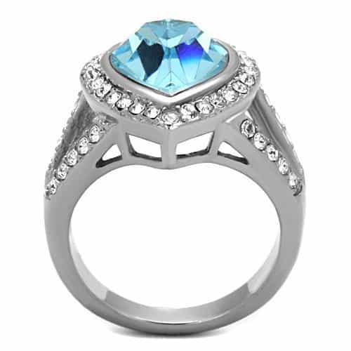 Stainless Steel Blue Topaz Heart Crystal CZ Halo Ring view 3