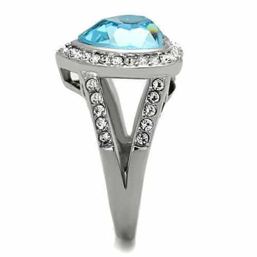 Stainless Steel Blue Topaz Heart Crystal CZ Halo Ring view 8