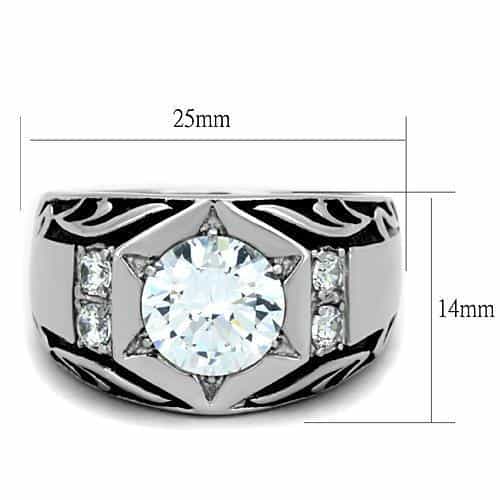 Stainless Steel CZ Star Bezel Scrollwork Mens Signet Ring view 6