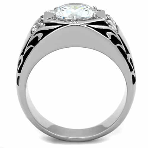 Stainless Steel CZ Star Bezel Scrollwork Mens Signet Ring view 7