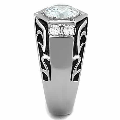 Stainless Steel CZ Star Bezel Scrollwork Mens Signet Ring view 8