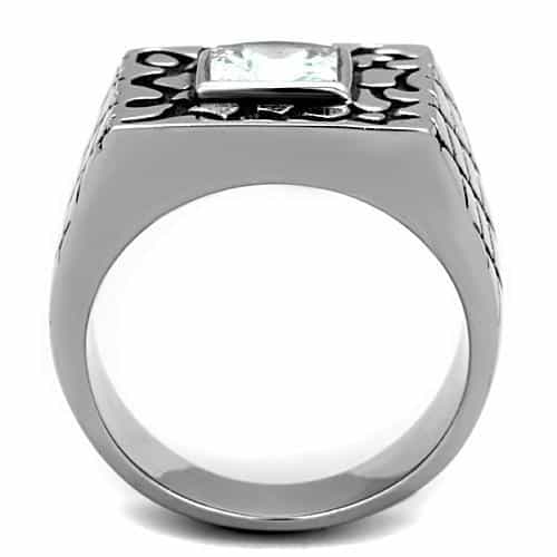 Stainless Steel CZ Princess Gear Frame Mens Signet Ring view 3