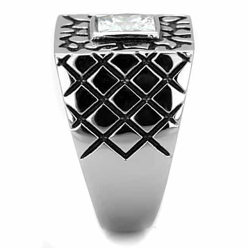 Stainless Steel CZ Princess Gear Frame Mens Signet Ring view 4