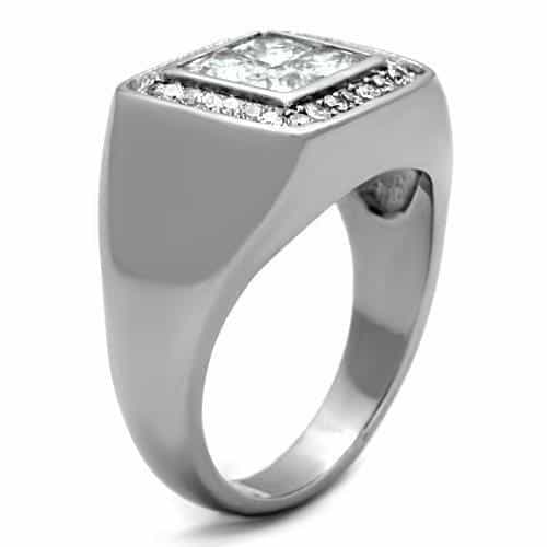Stainless Steel CZ Princess Pave Halo Mens Signet Ring view 8
