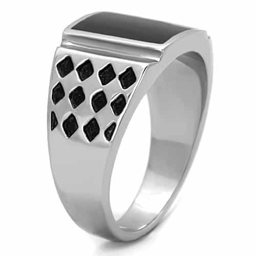 Stainless Steel Black Onyx Square Checkered Mens Signet Ring view 4