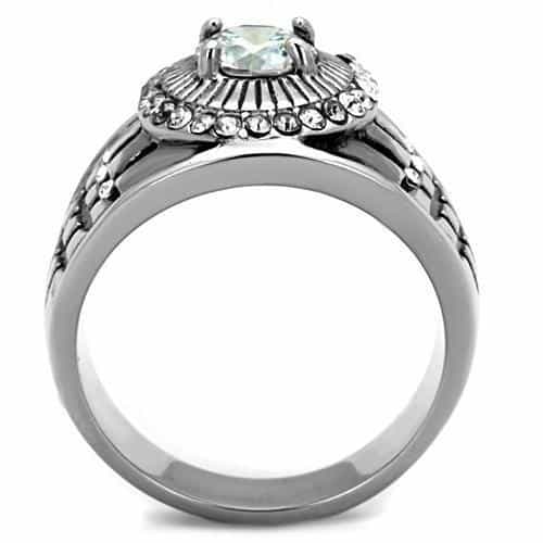 Stainless Steel CZ Round Sunburst Checkered Wide Mens Ring view 3