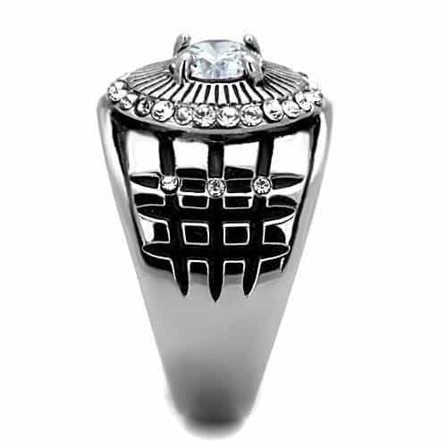 Stainless Steel CZ Round Sunburst Checkered Wide Mens Ring view 4
