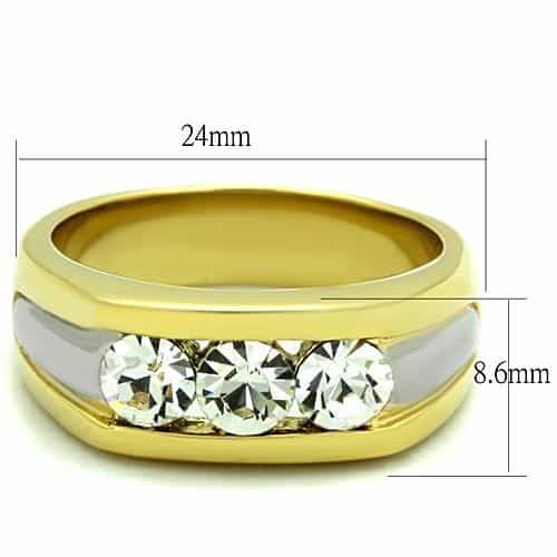 Stainless Steel Gold Triple CZ Round Channel Mens Wide Ring view 6