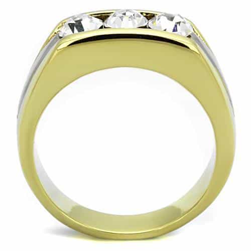 Stainless Steel Gold Triple CZ Round Channel Mens Wide Ring view 7