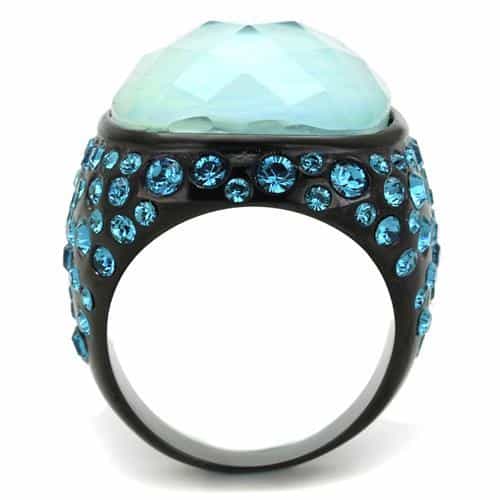 Stainless Steel Black IP Mint Cabochon Aqua Crystal Dome Ring view 7