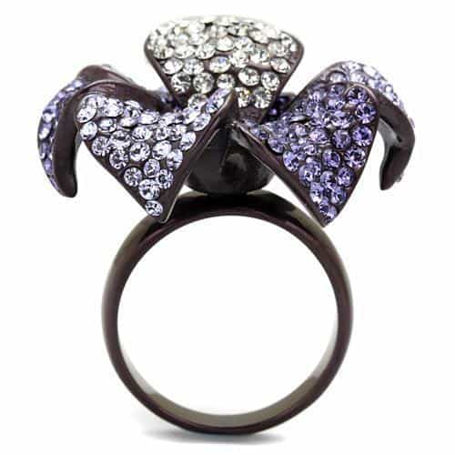 Stainless Steel Dark Purple Lavender Crystal Pave Flower Ring view 7