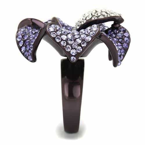 Stainless Steel Dark Purple Lavender Crystal Pave Flower Ring view 8