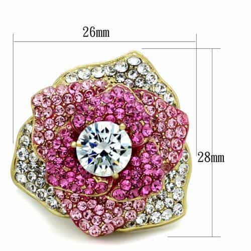 Stainless Steel Gold Pink Crystal Rose Flower CZ Center Ring view 2