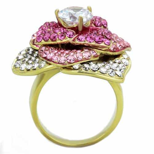 Stainless Steel Gold Pink Crystal Rose Flower CZ Center Ring view 7