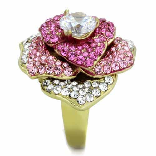 Stainless Steel Gold Pink Crystal Rose Flower CZ Center Ring view 8
