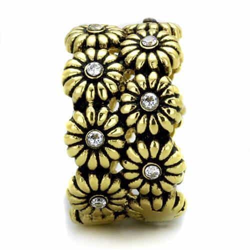 Stainless Steel Gold Antiqued Daisy Cluster Eternity Band Ring view 4