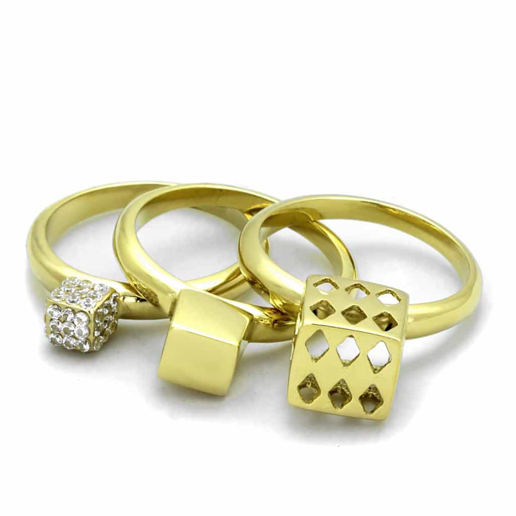 Stainless Steel Gold Geometric Cube Hexagon Stackable Set Ring view 6