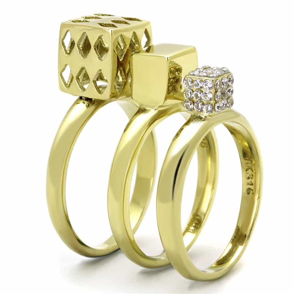 Stainless Steel Gold Geometric Cube Hexagon Stackable Set Ring view 8