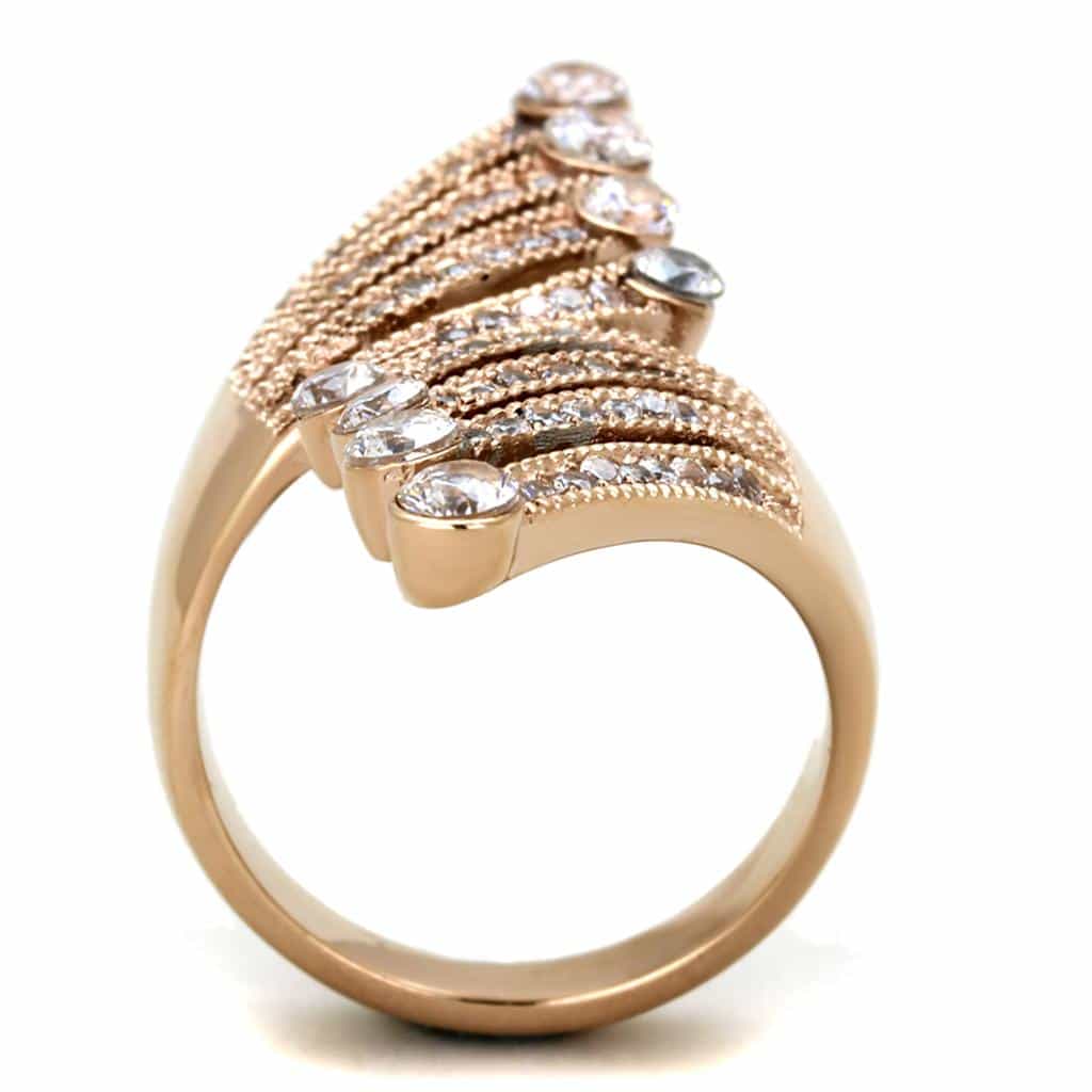 Stainless Steel Rose Gold CZ Pave Wave Fan Bypass Ring view 6