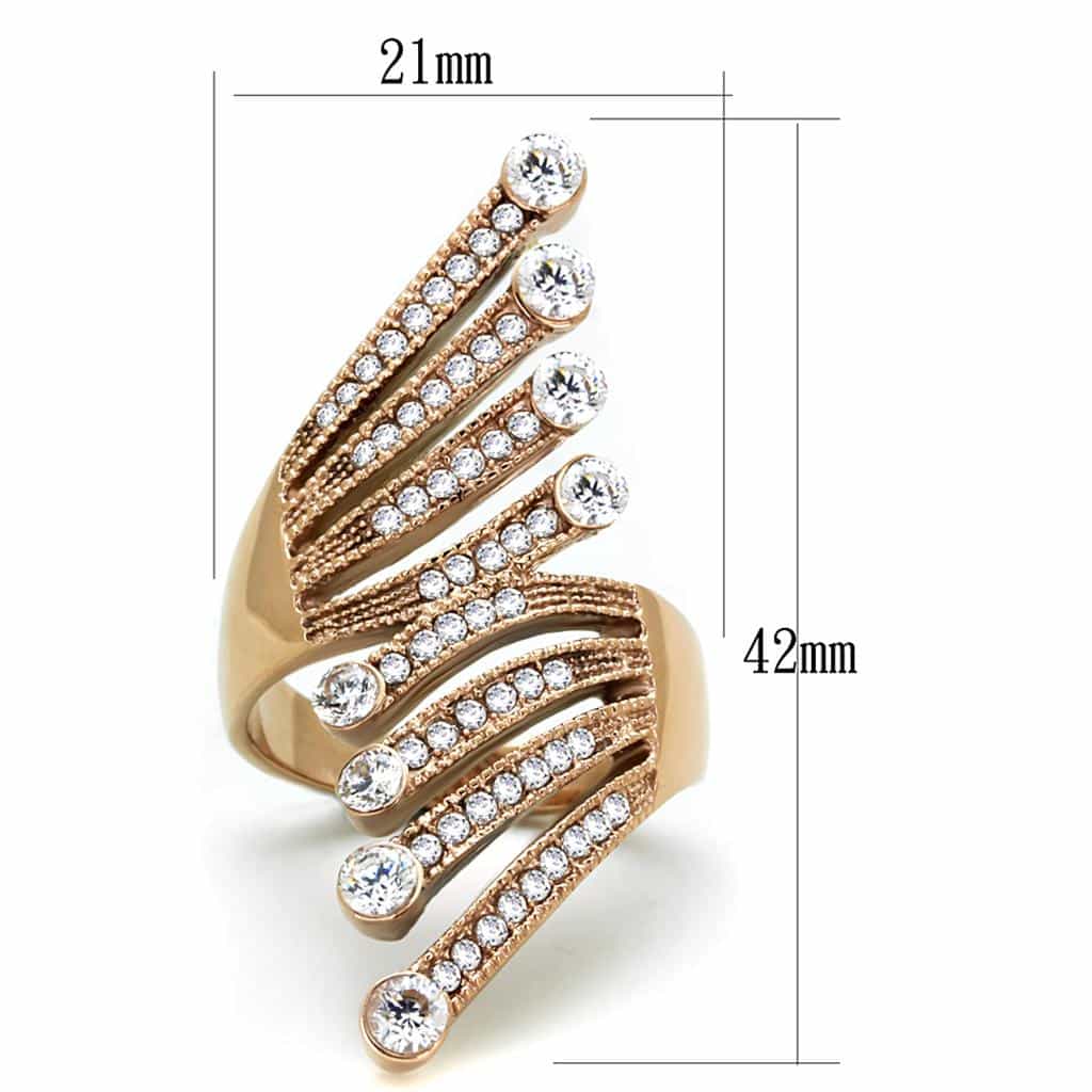 Stainless Steel Rose Gold CZ Pave Wave Fan Bypass Ring view 7