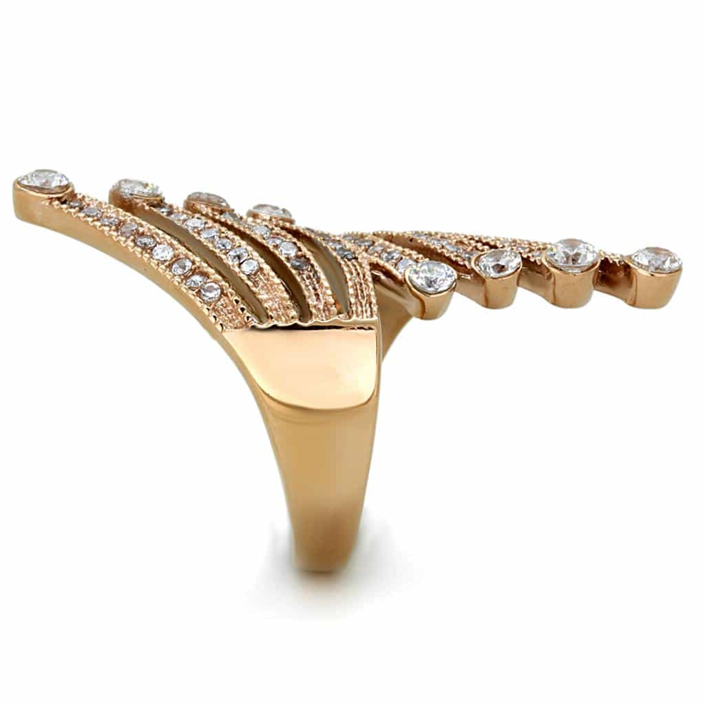 Stainless Steel Rose Gold CZ Pave Wave Fan Bypass Ring view 4