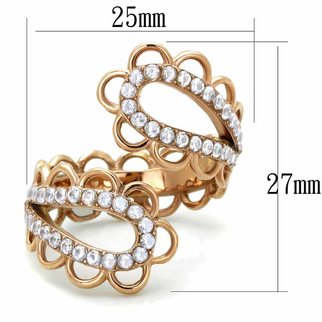 Stainless Steel Rose Gold CZ Pave Flower Scallop Wide Band Ring view 6