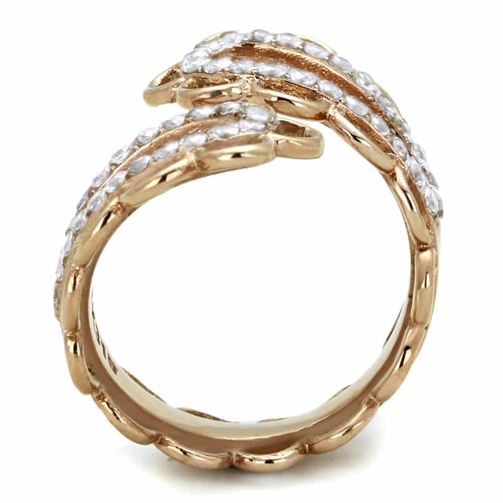 Stainless Steel Rose Gold CZ Pave Flower Scallop Wide Band Ring view 3