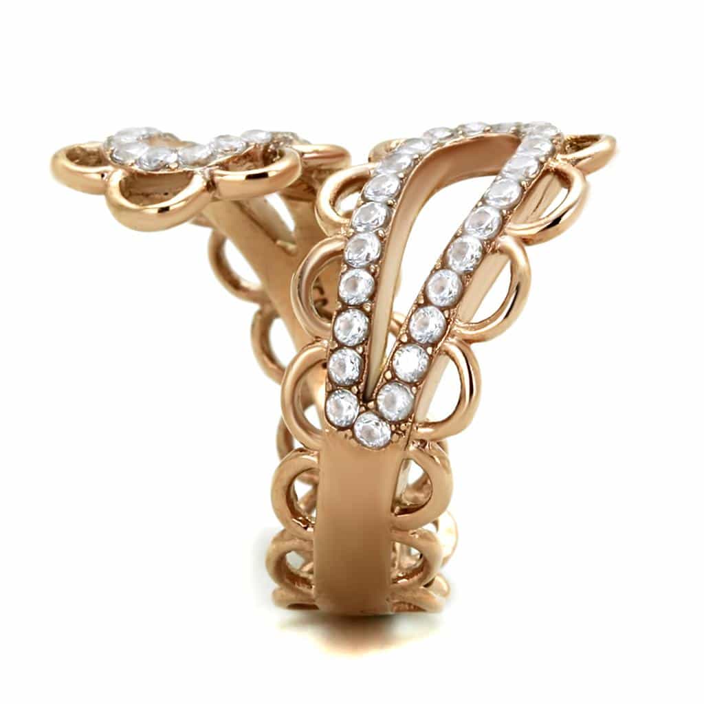 Stainless Steel Rose Gold CZ Pave Flower Scallop Wide Band Ring view 8