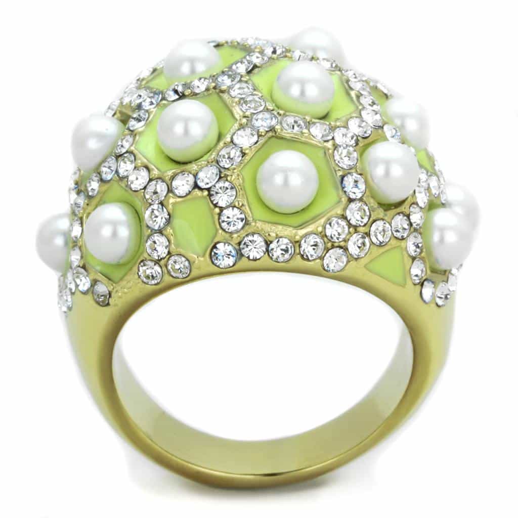 Stainless Steel Gold Green Enamel Pearl CZ Dome Ring view 3