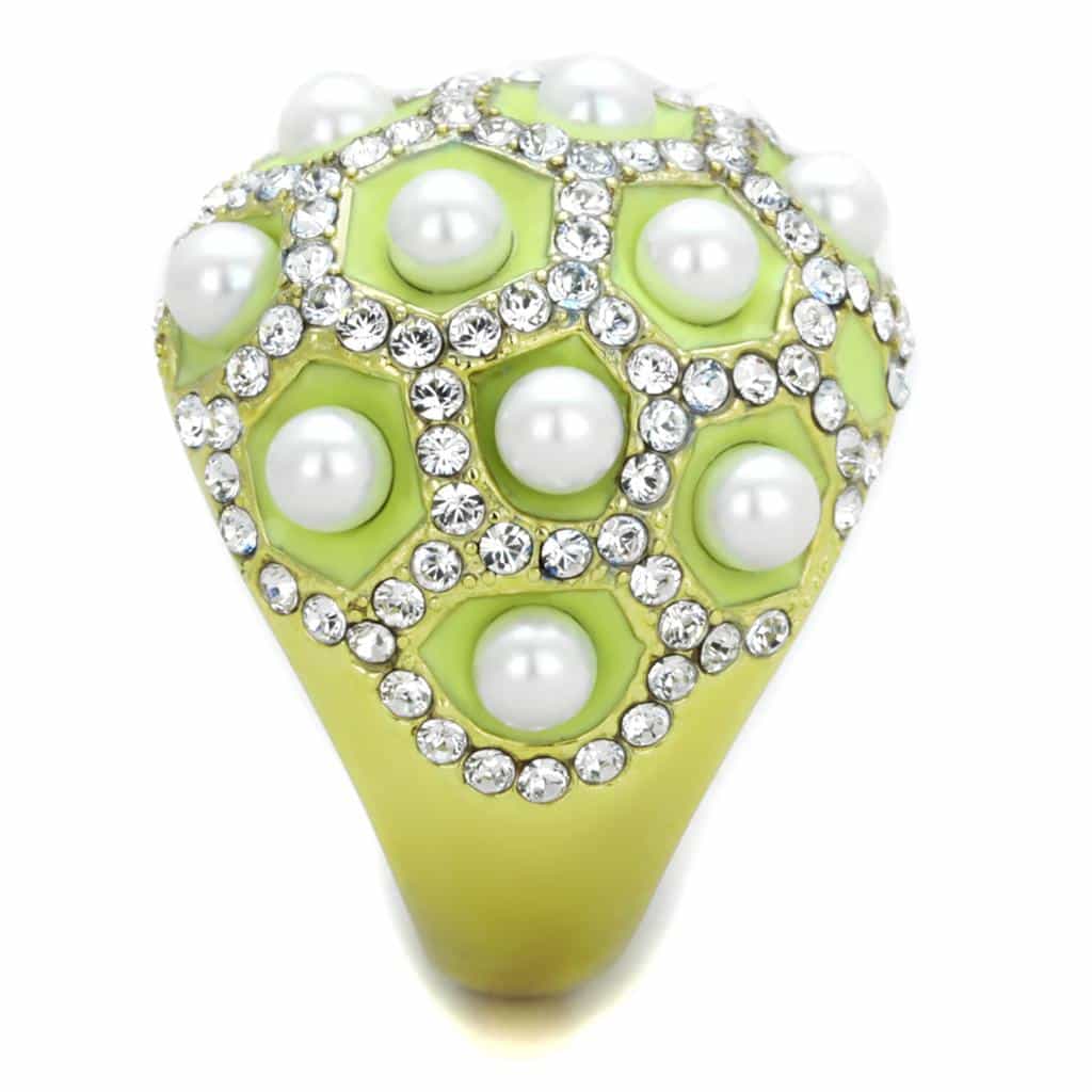 Stainless Steel Gold Green Enamel Pearl CZ Dome Ring view 4