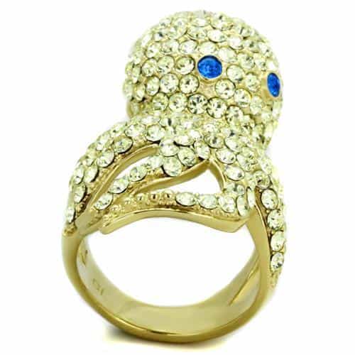Stainless Steel Gold Green Crystal Pave Octopus Ring view 7