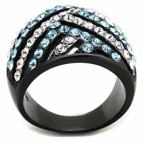 Stainless Steel Black IP Blue Crystal Diagonal Stripe Dome Ring view 3