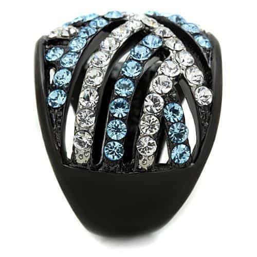 Stainless Steel Black IP Blue Crystal Diagonal Stripe Dome Ring view 8