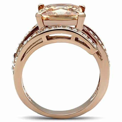 Stainless Steel Rose Gold Champagne Princess CZ Pave Bridal Ring view 7