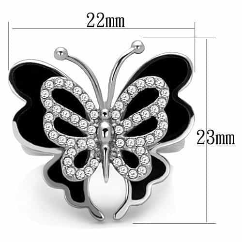 Stainless Steel Black White Enamel CZ Butterfly Ring view 6