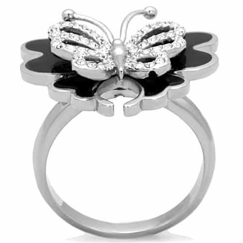 Stainless Steel Black White Enamel CZ Butterfly Ring view 3