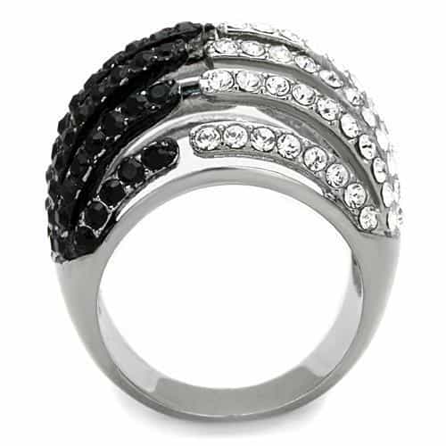 Stainless Steel Black Clear Crystal Pave Wave Band Ring view 3