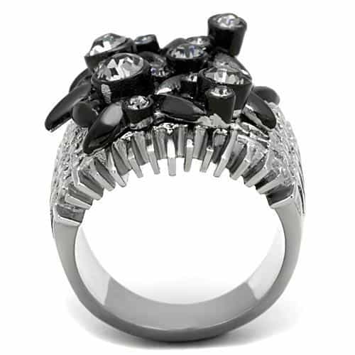 Stainless Steel Dark Black Crystal Marquise Cluster Cocktail Ring view 3