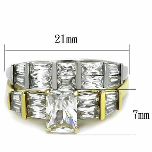 Stainless Steel Gold CZ Princess Baguette Bridal Set Ring view 6