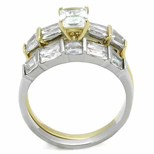 Stainless Steel Gold CZ Princess Baguette Bridal Set Ring view 7