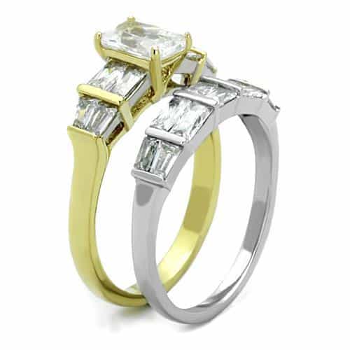 Stainless Steel Gold CZ Princess Baguette Bridal Set Ring view 8